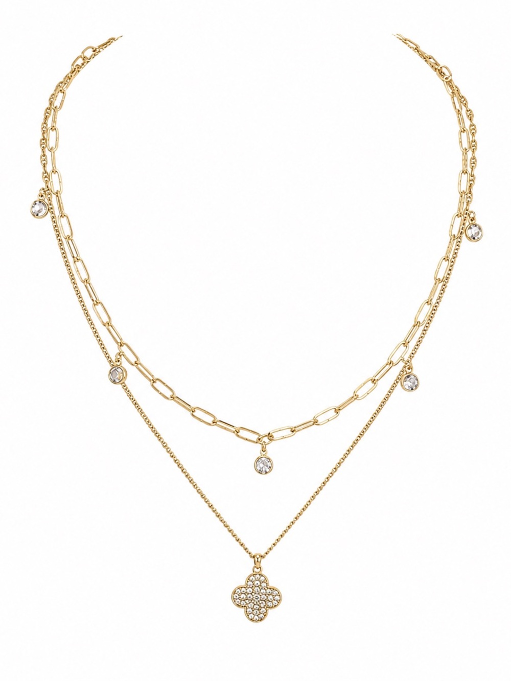 Guess Gold-Tone Layered Clover & CZ Station Necklace